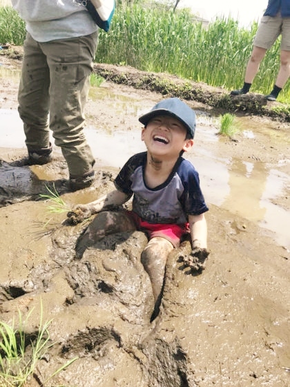 田んぼで転んでわらう子ども