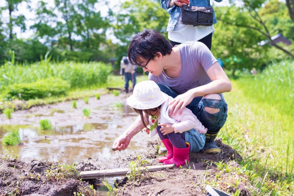 田んぼをいじる子ども