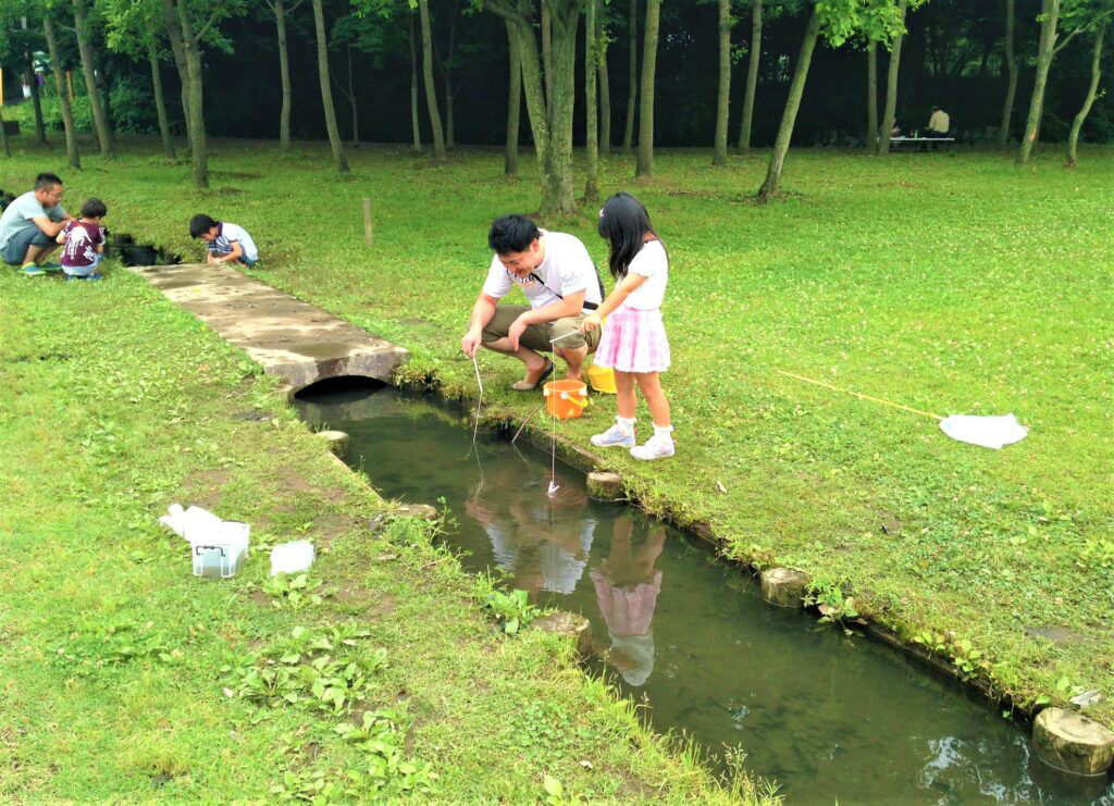 ざりがに釣りをする親子